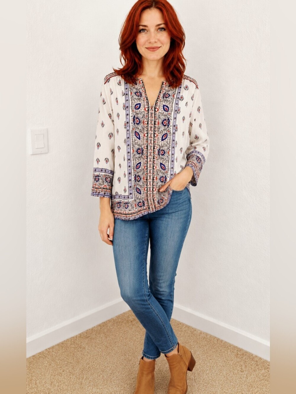 Artisan NY Bohemian White Top with Purple & Red Paisley Border, Size Large